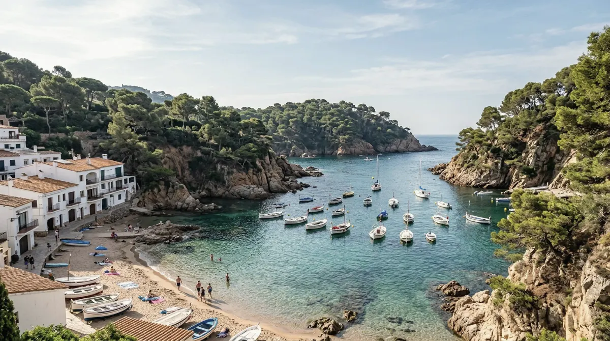A tiny cove with a small beach surrounded by pine-covered rocks
