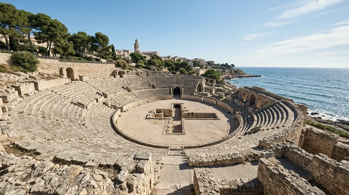 Roman amphitheatre ruins with tiered stone seats beside the sea under a blue sky