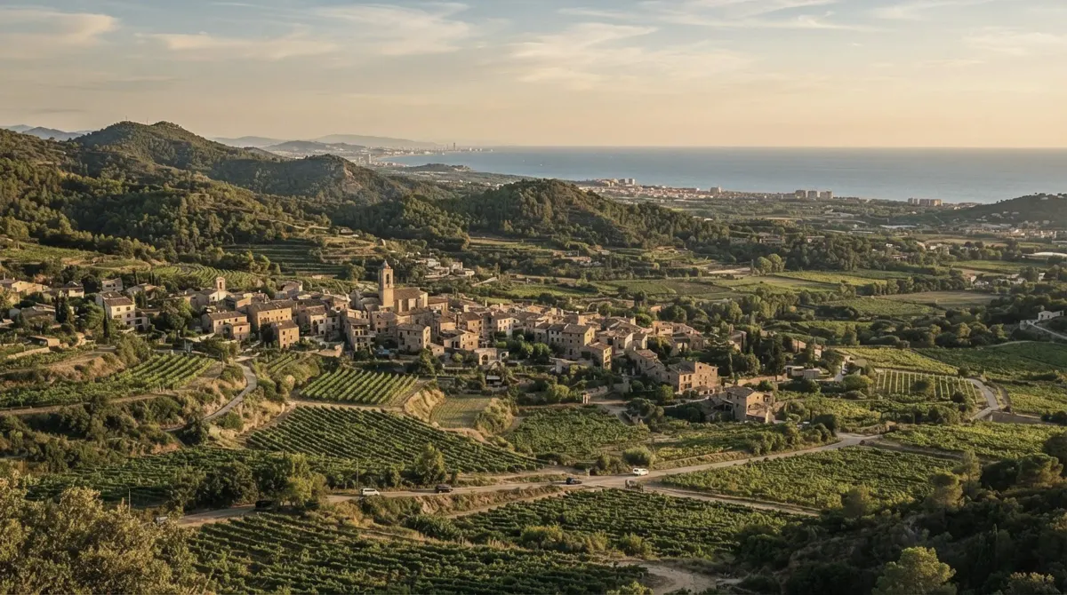 A village among vineyards and green hills with the sea in the distance