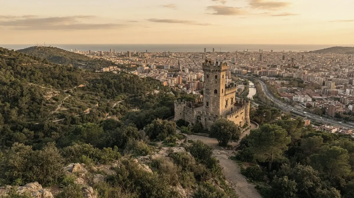 A castle-like tower building on a wooded hillside above the city at golden hour