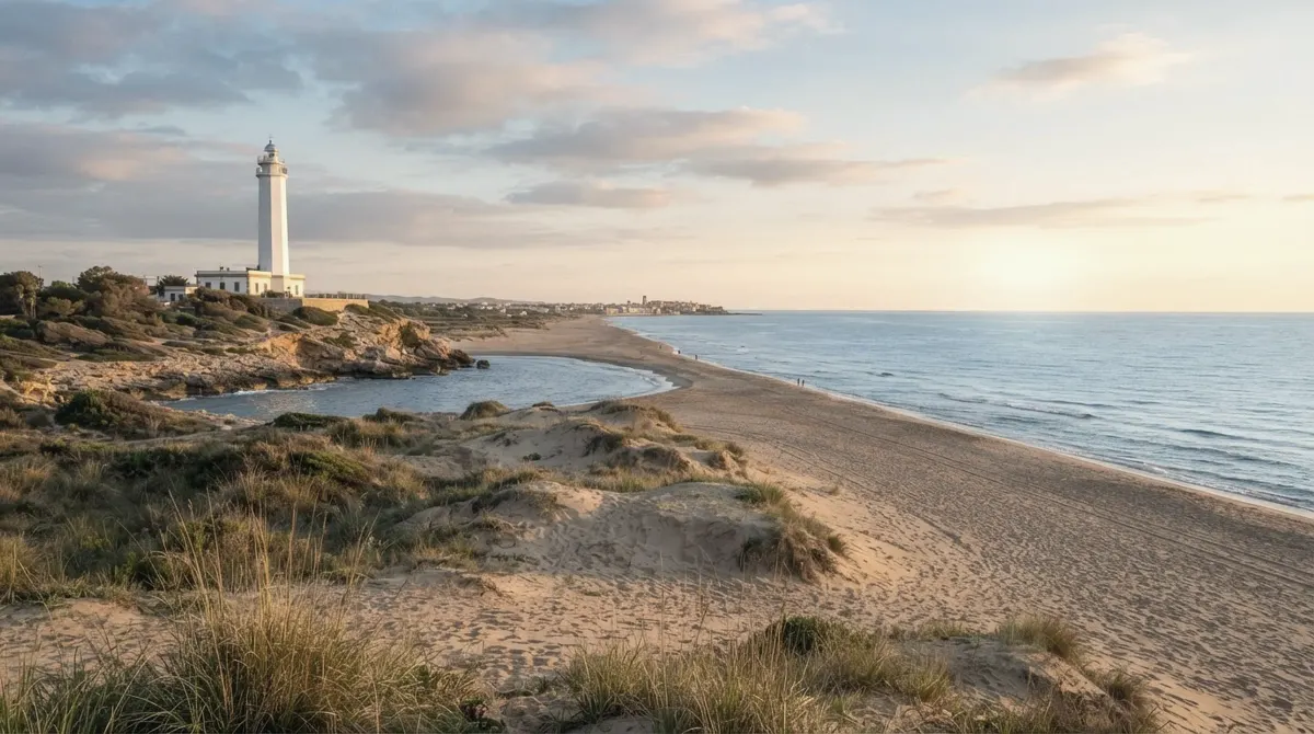 A white lighthouse beside a long sandy beach with dunes