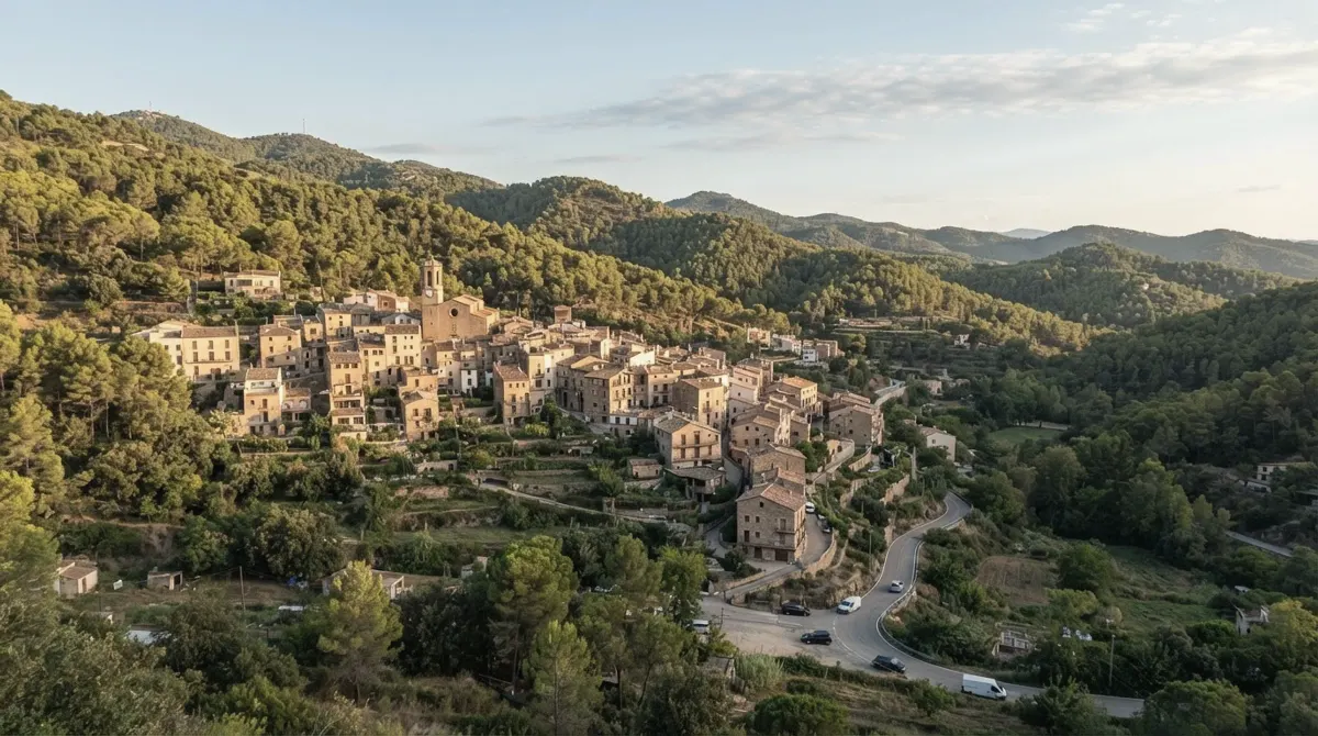 A small village with houses among pine-covered hills