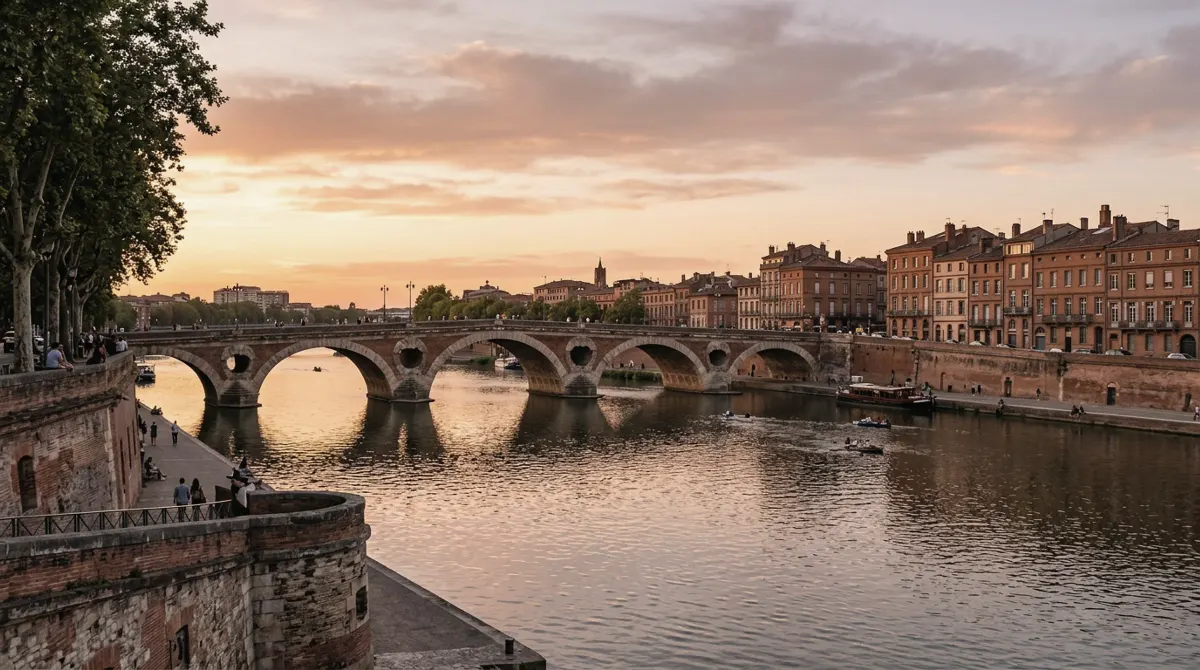 A river with a brick arched bridge and pink-brick buildings along the quay at sunset
