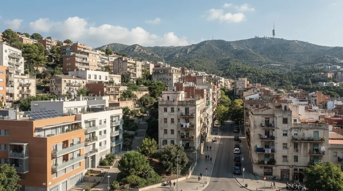 New and older apartment blocks on a slope below wooded hills