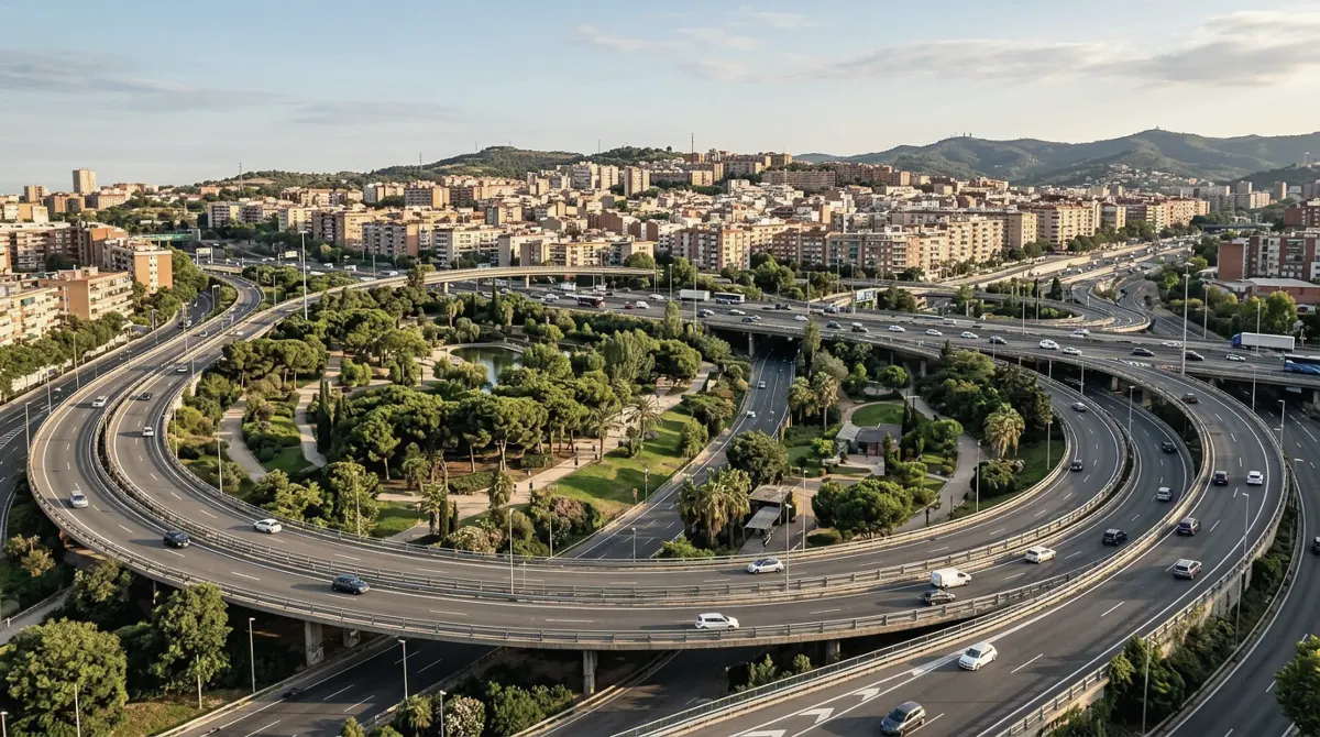 A park with trees and lawns inside the curves of a motorway junction