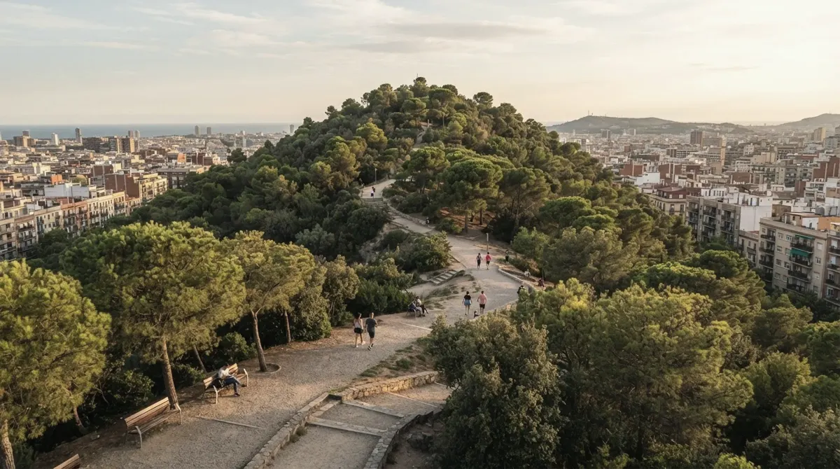 A pine-covered hill park with paths, above apartment blocks