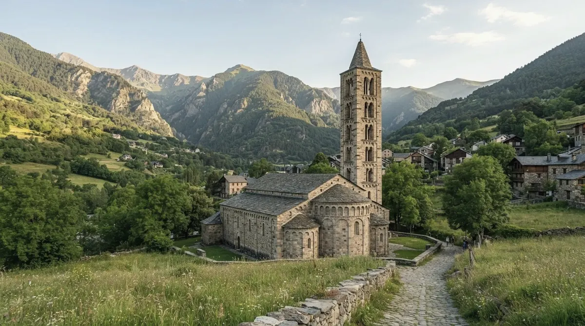 A slender Romanesque bell tower beside a stone church in a green valley