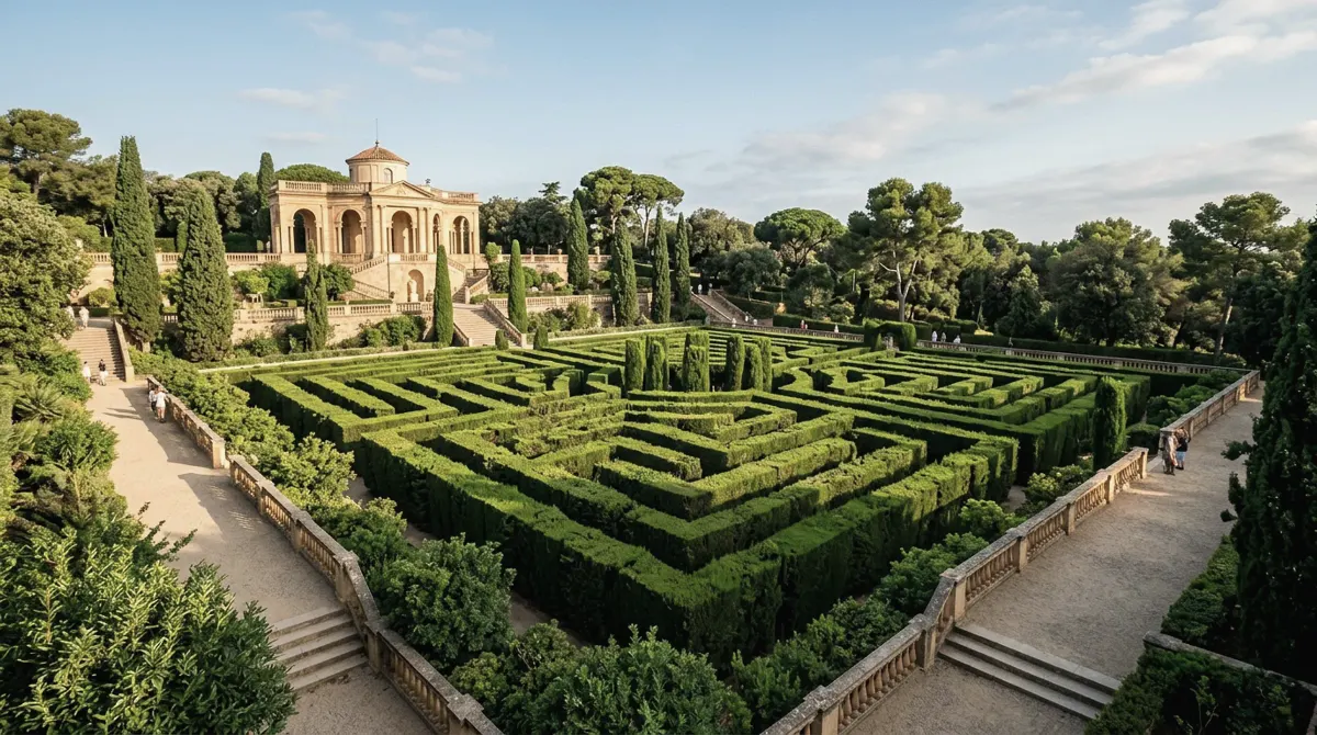 A hedge maze with a neoclassical pavilion and cypress hedges