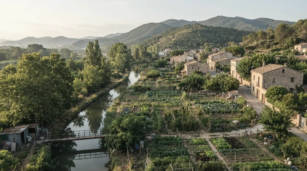 Low houses and vegetable gardens beside a tree-lined irrigation channel