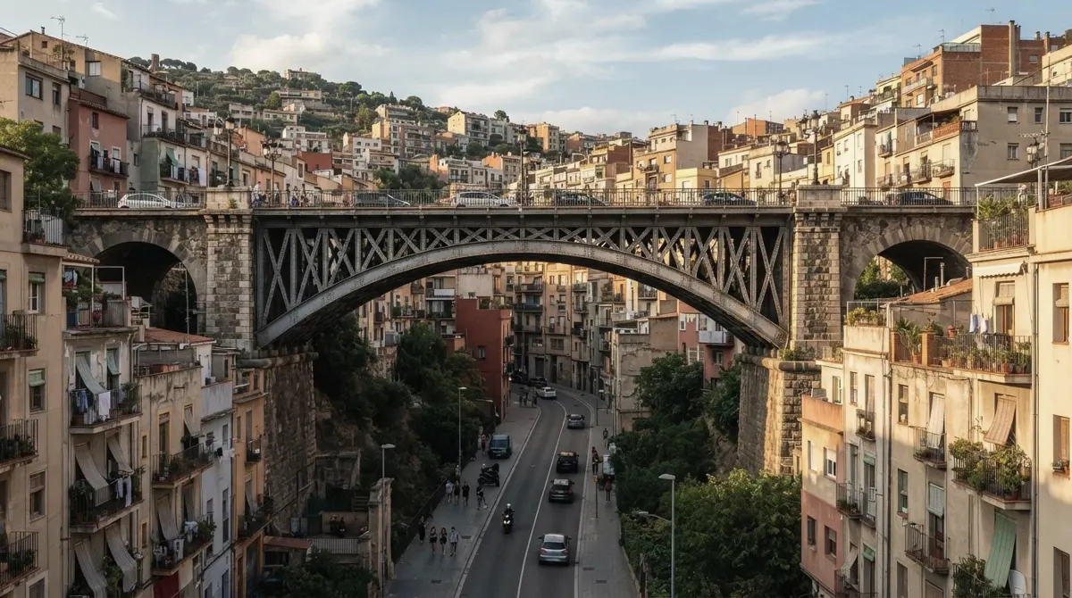 An old viaduct crossing above a valley street with hillside houses on both sides