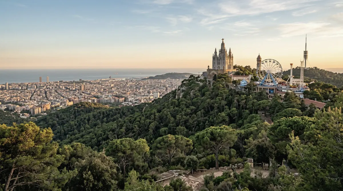 A hilltop church and Ferris wheel above pine forests with the city and sea below