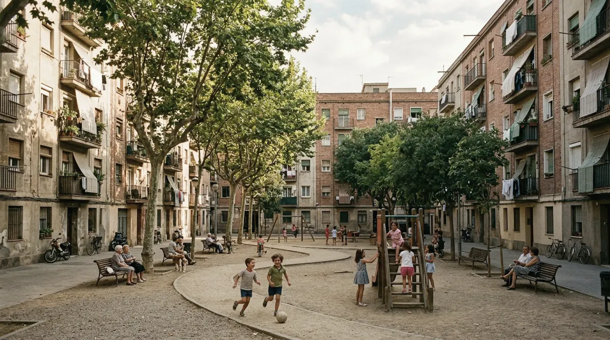 A tree-shaded square surrounded by modest apartment blocks