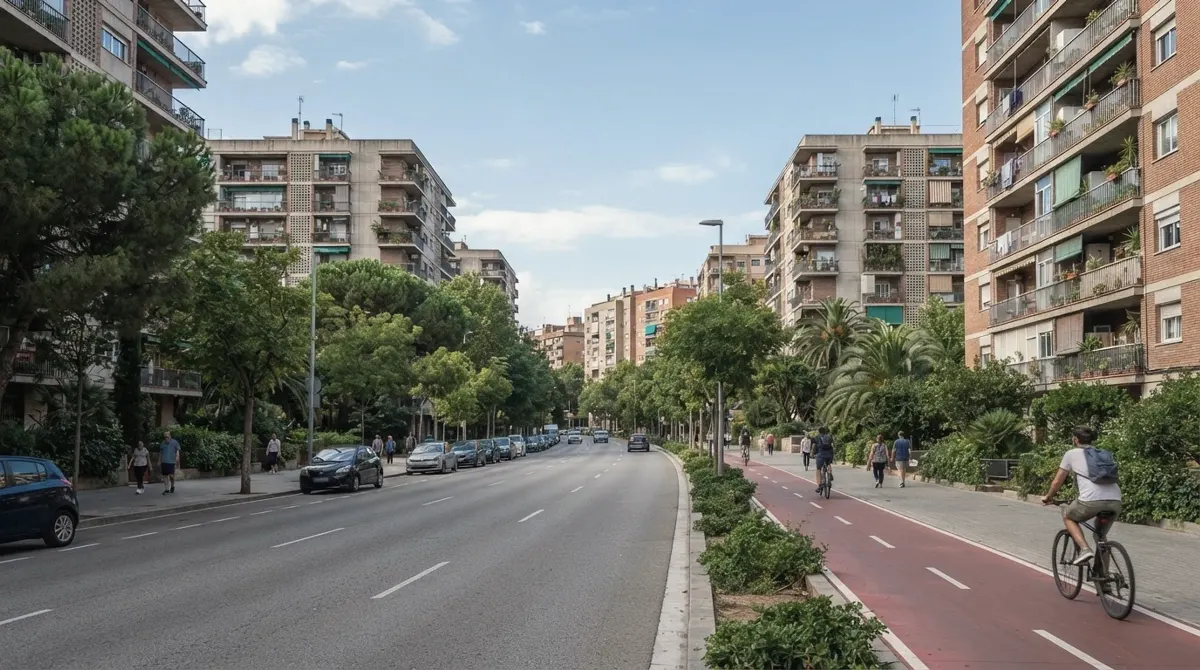 Wide streets of apartment blocks with green courtyards and a cycle lane
