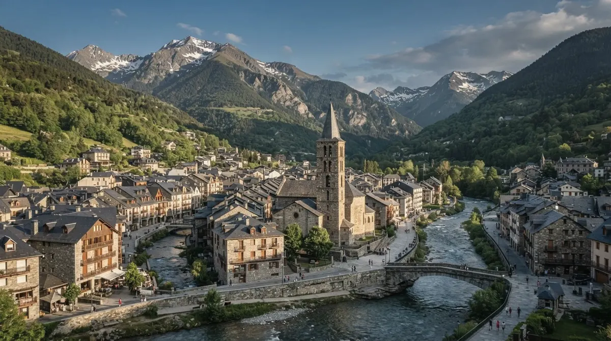 Stone houses with slate roofs along a river in Vielha, with the octagonal bell tower of Sant Miquèu and Pyrenean mountains