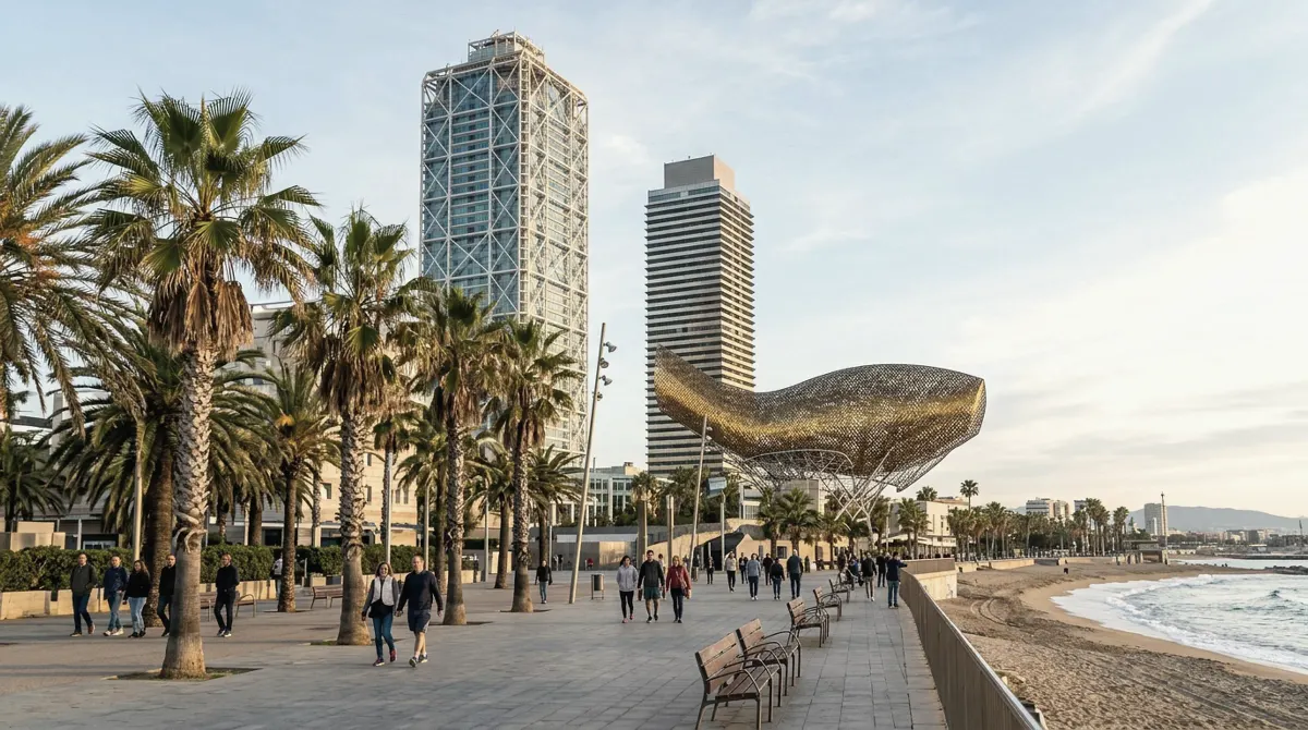 A beach promenade with a large golden fish-shaped sculpture and two tall towers behind