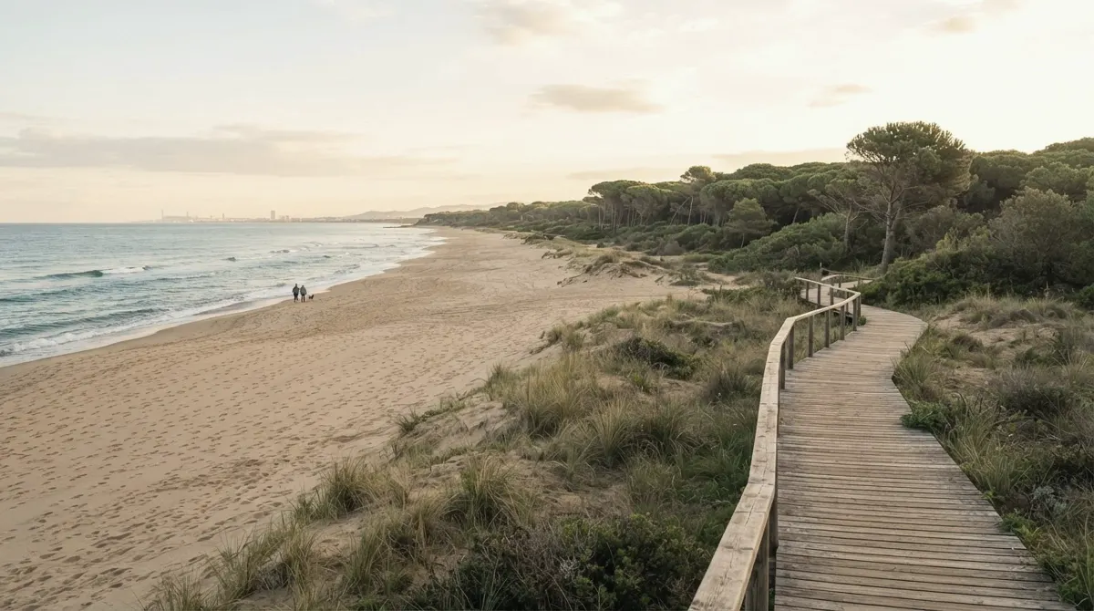 A wide sandy beach backed by pine woods with a boardwalk through the dunes