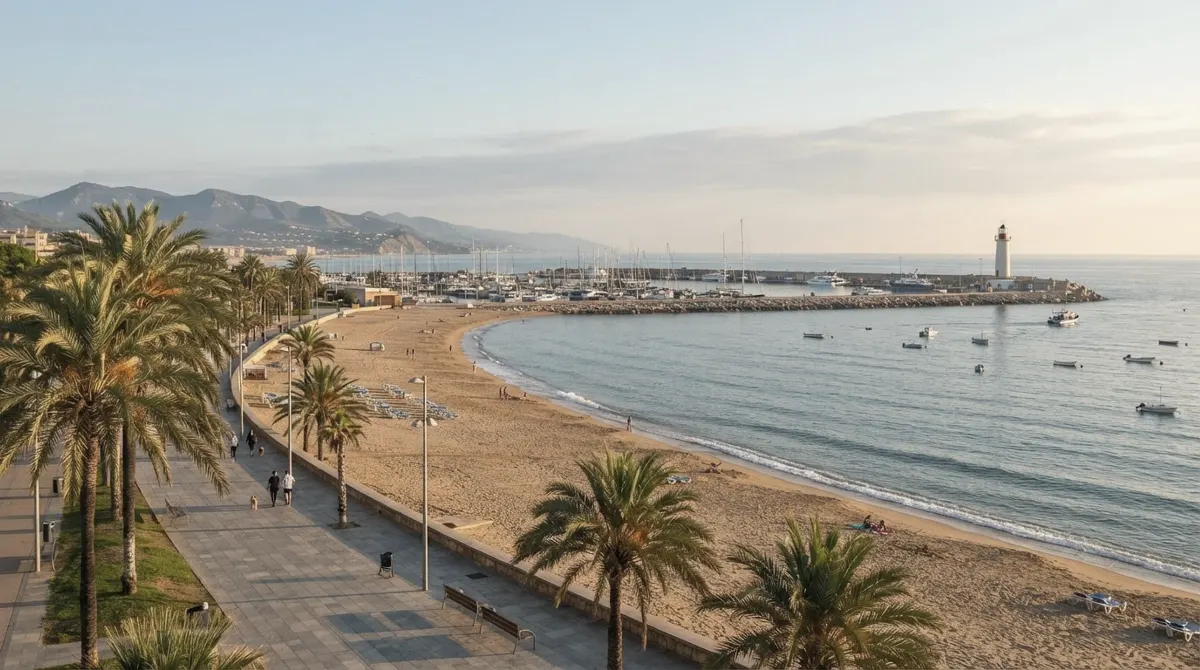 A seafront promenade with palm trees, a sandy beach and a lighthouse