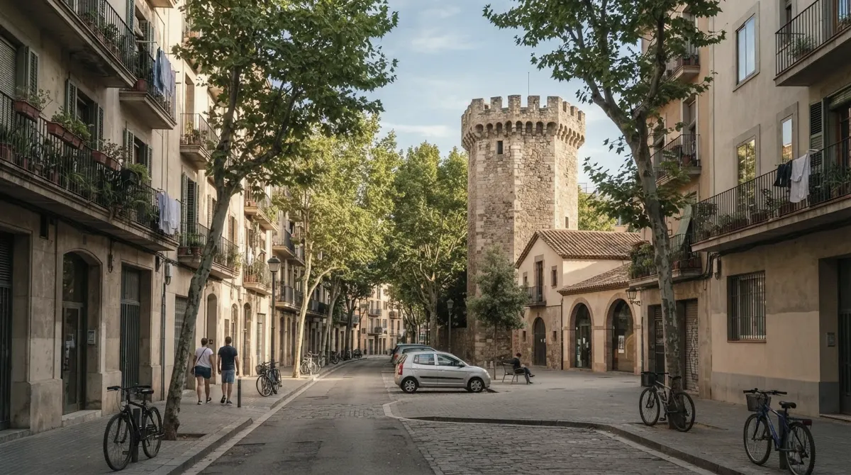 A quiet street of apartment buildings beside a small historic tower