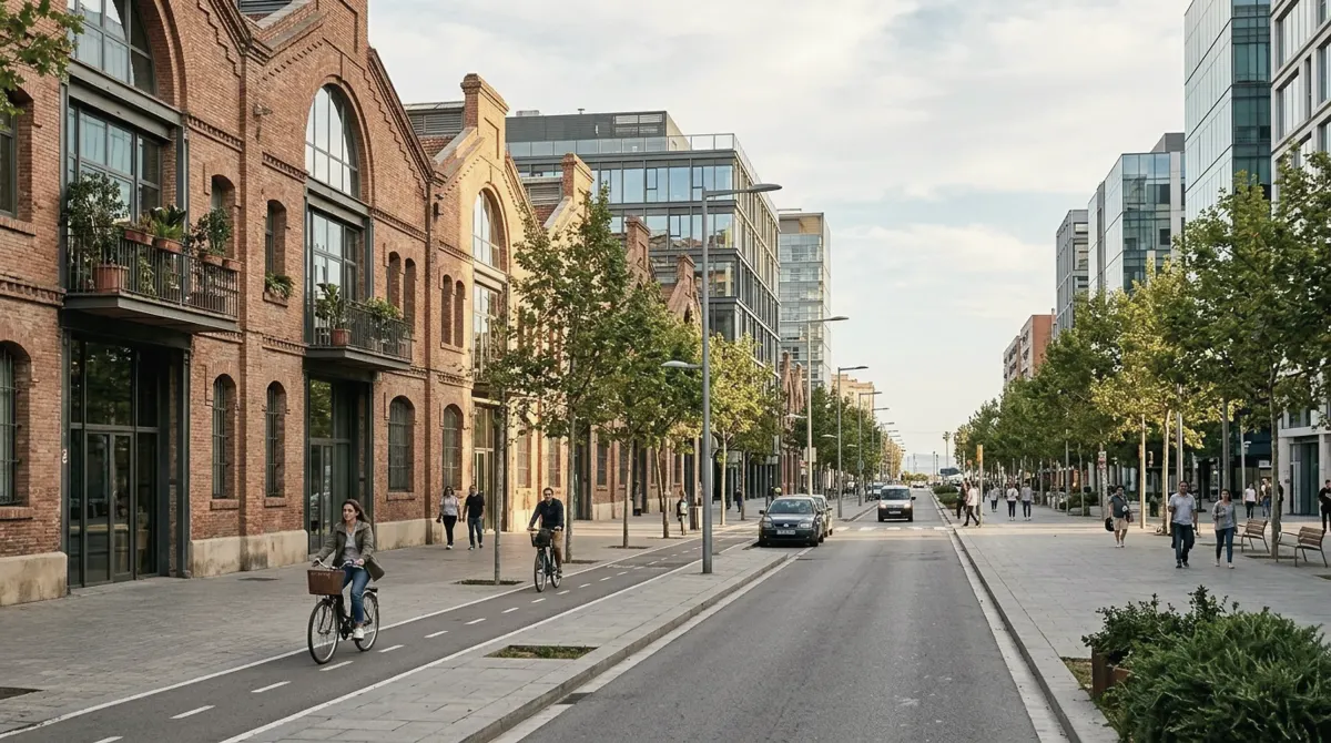 A wide street in Barcelona's Poblenou with red-brick warehouses beside glass office buildings and a bike lane with cyclists