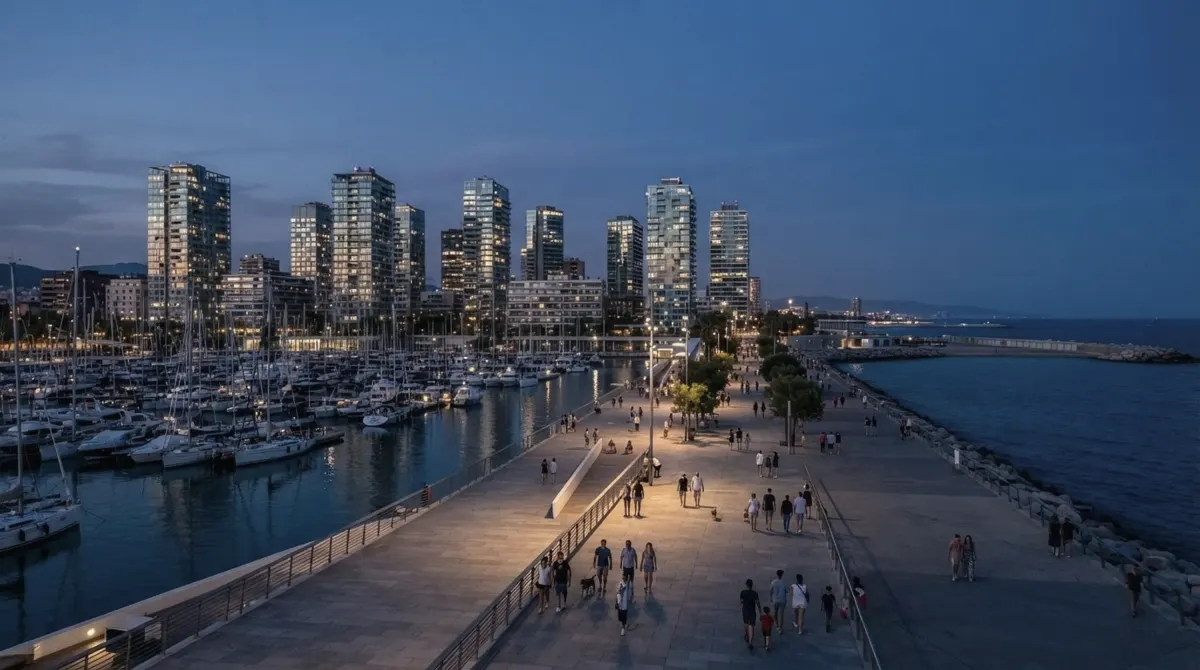 A wide seafront promenade beside a marina of moored yachts, with people strolling and glass towers on the skyline