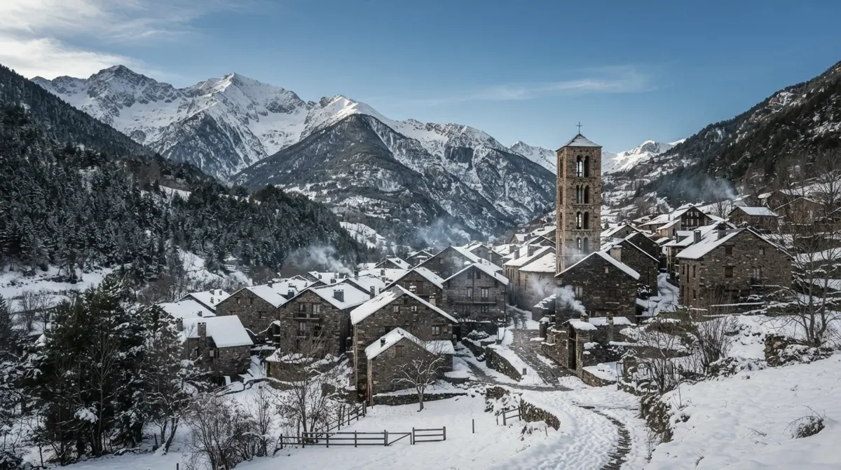 A stone village in the Catalan Pyrenees in winter, with snow on the slate roofs and a tall bell tower below snowy peaks