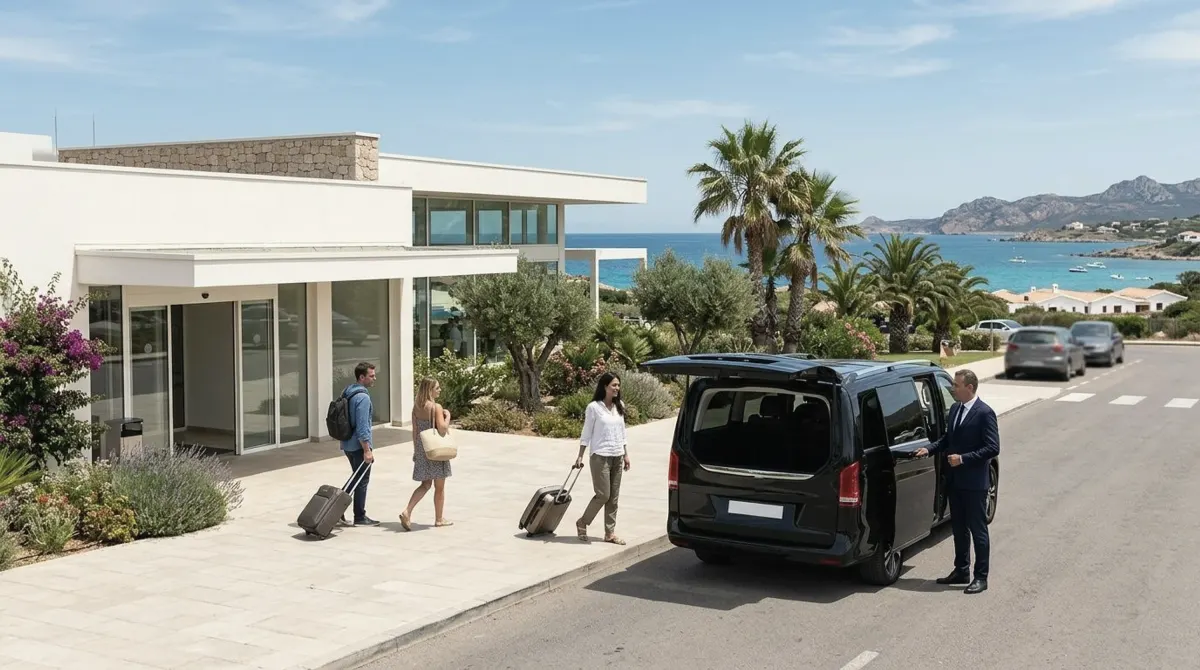 Travelers wheeling suitcases from a low white terminal building toward a black van where a chauffeur holds the side door