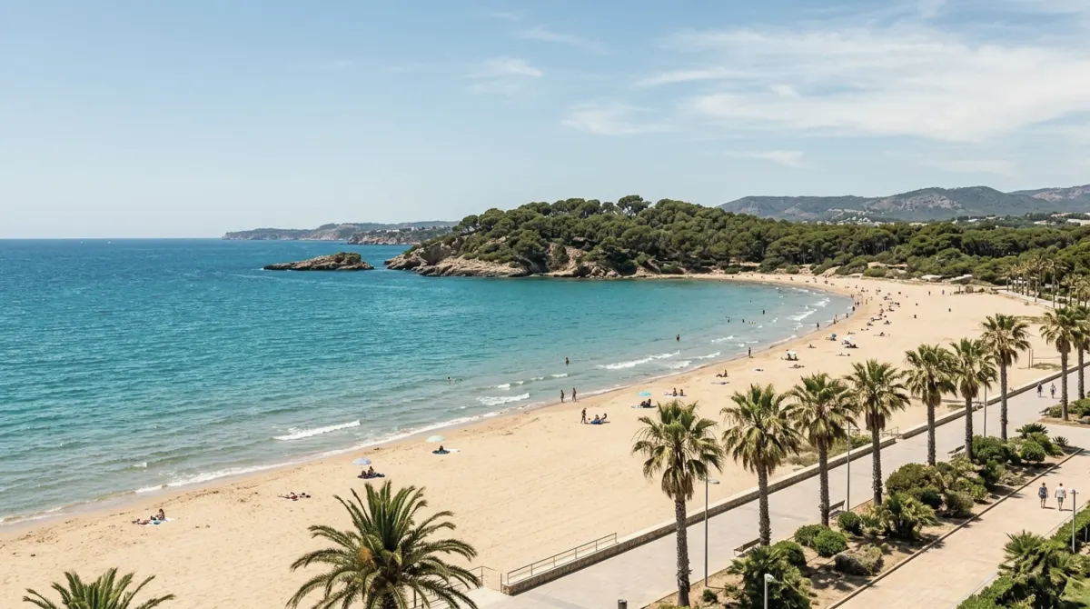 A long golden beach curving toward a pine-covered headland, with turquoise water and a palm-lined seafront promenade