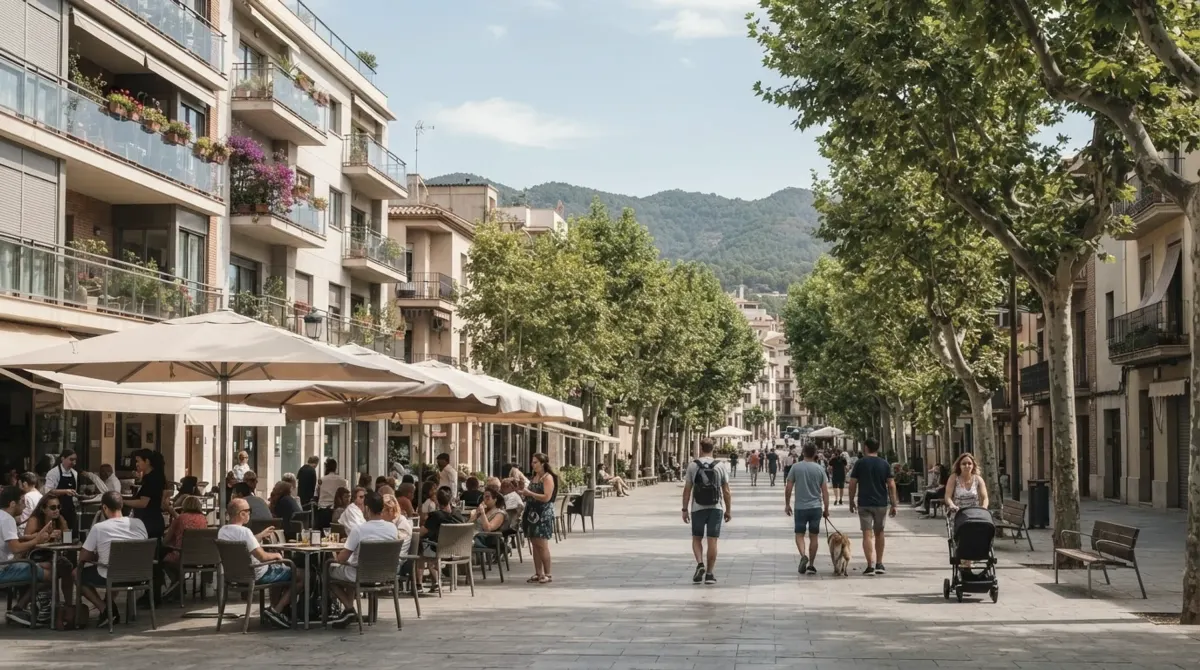 A wide pedestrian avenue lined with plane trees and apartment buildings, with busy cafe terraces and people strolling