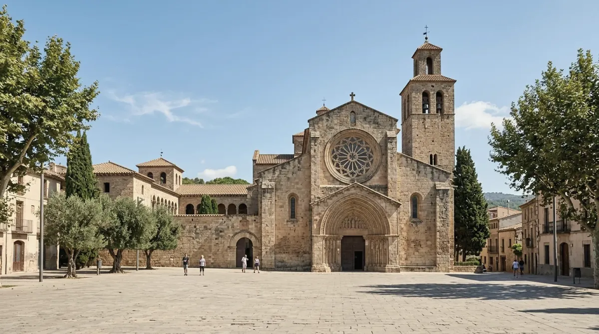 A Romanesque stone monastery church with a rose window, an arched portal and a square bell tower facing a paved square