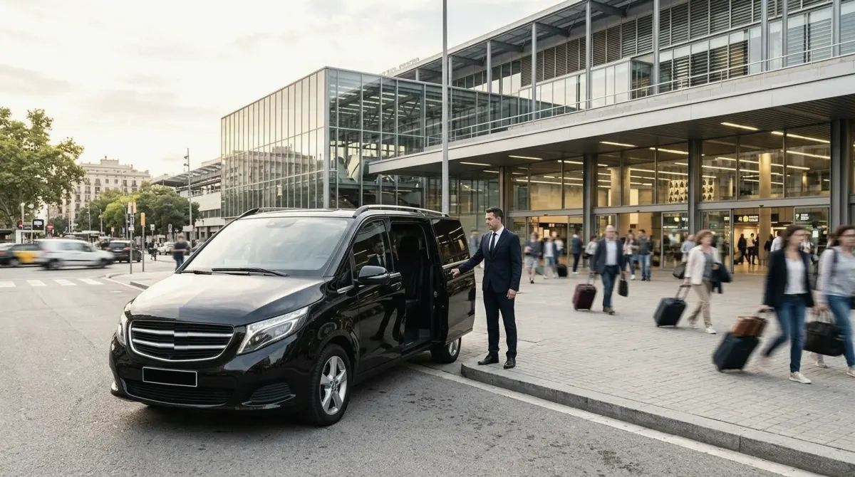 A chauffeur holding the sliding door of a black van open outside a modern glass railway station in Barcelona