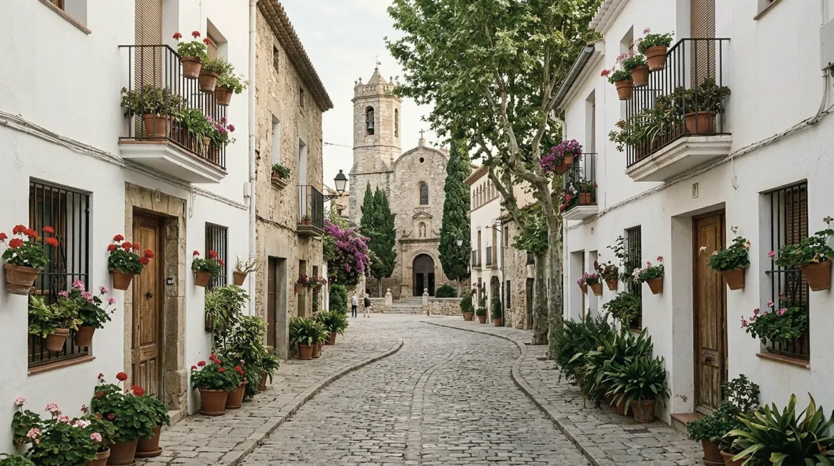 A quiet cobbled street of whitewashed houses with iron balconies leading to a stone church with a bell tower