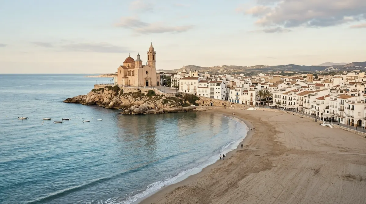 The seafront of Sitges with its baroque church on a rocky point above a curving sandy beach and whitewashed houses
