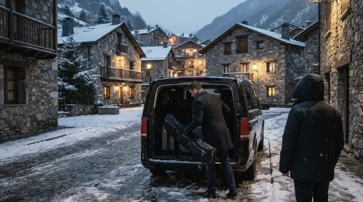 A chauffeur loading a ski bag into the open rear of a black van on a snowy stone village street in the mountains