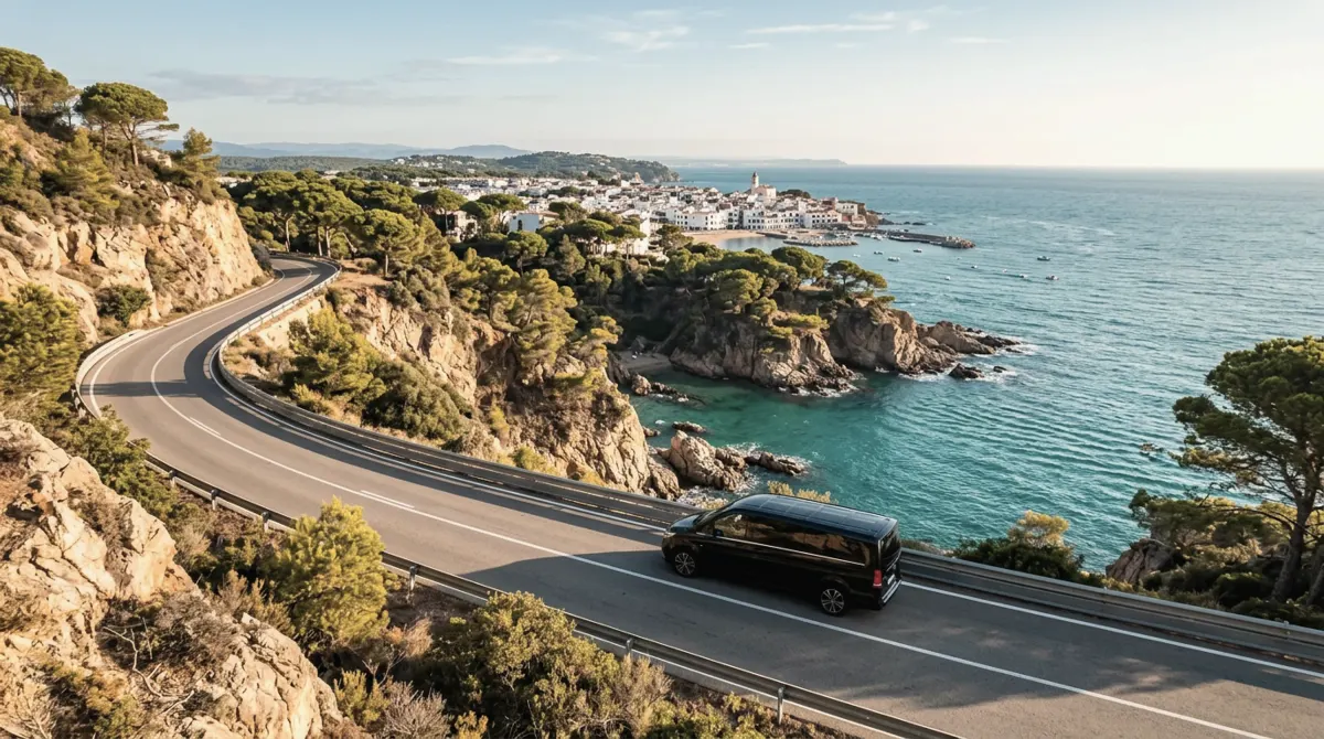 A black van on a cliff-top coastal road above turquoise coves and pine trees with a small white village in the distance