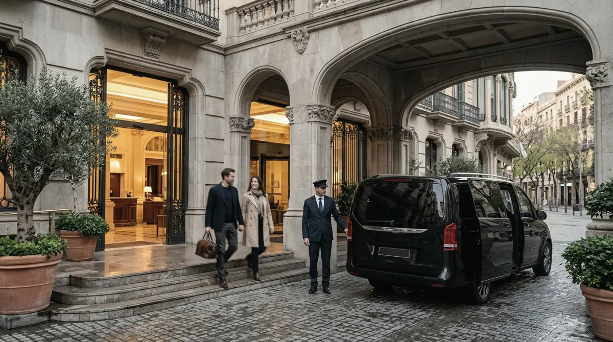A black van at a stone hotel entrance as a couple walks toward it and a chauffeur in a dark suit waits by the door