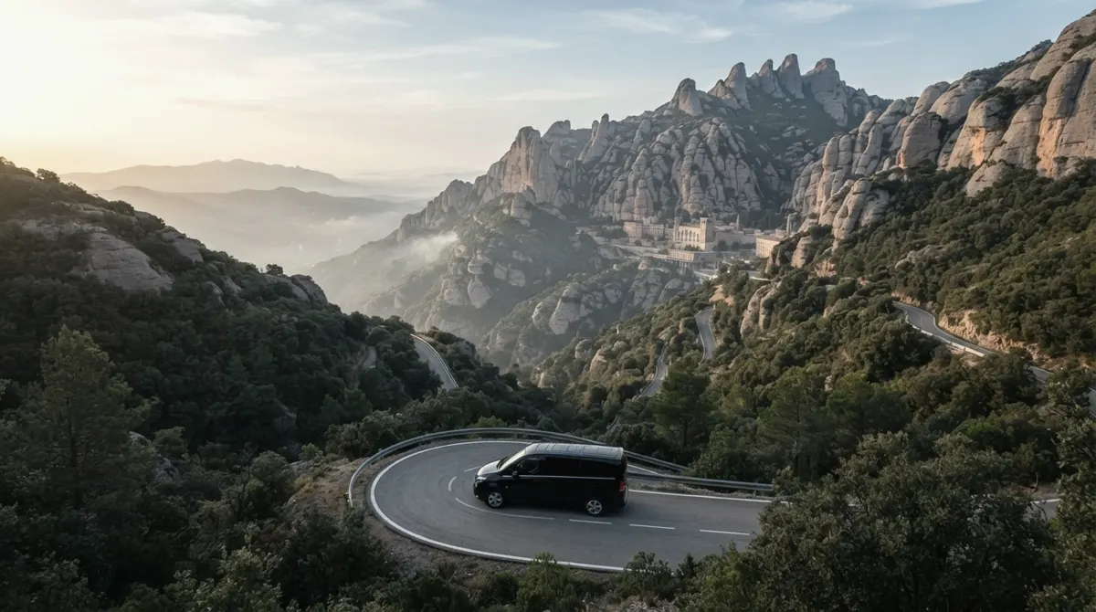 A black van on a winding mountain road below the jagged rock peaks of Montserrat