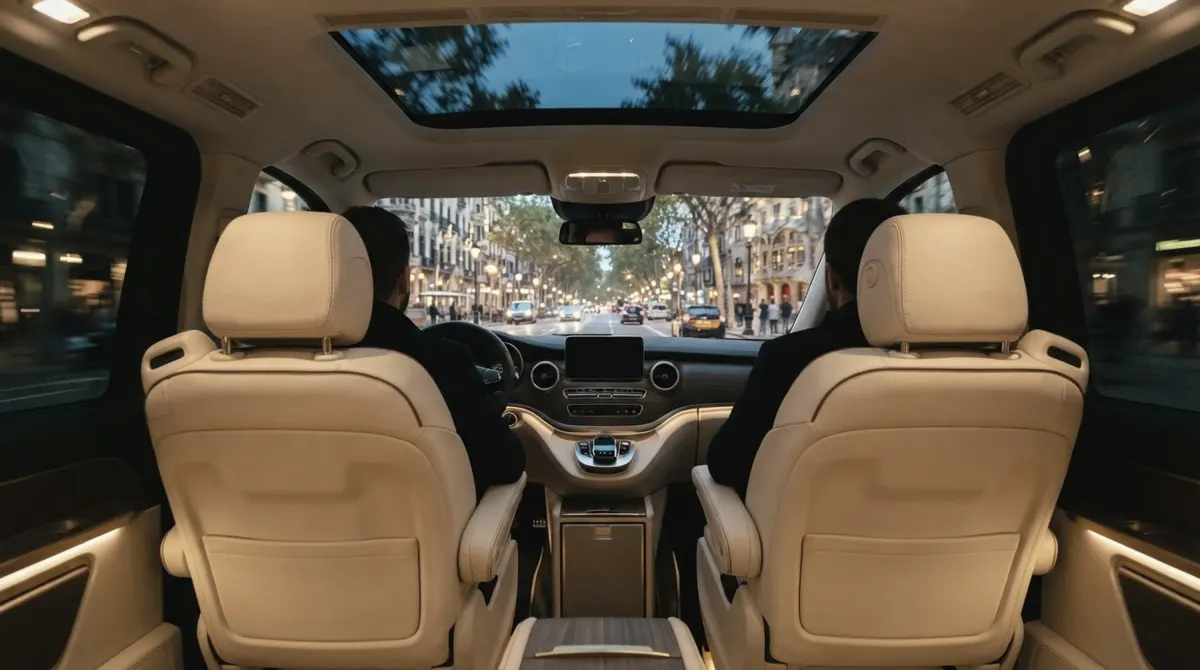 View from the rear seats of a van over the front seats toward a city street with trees at dusk