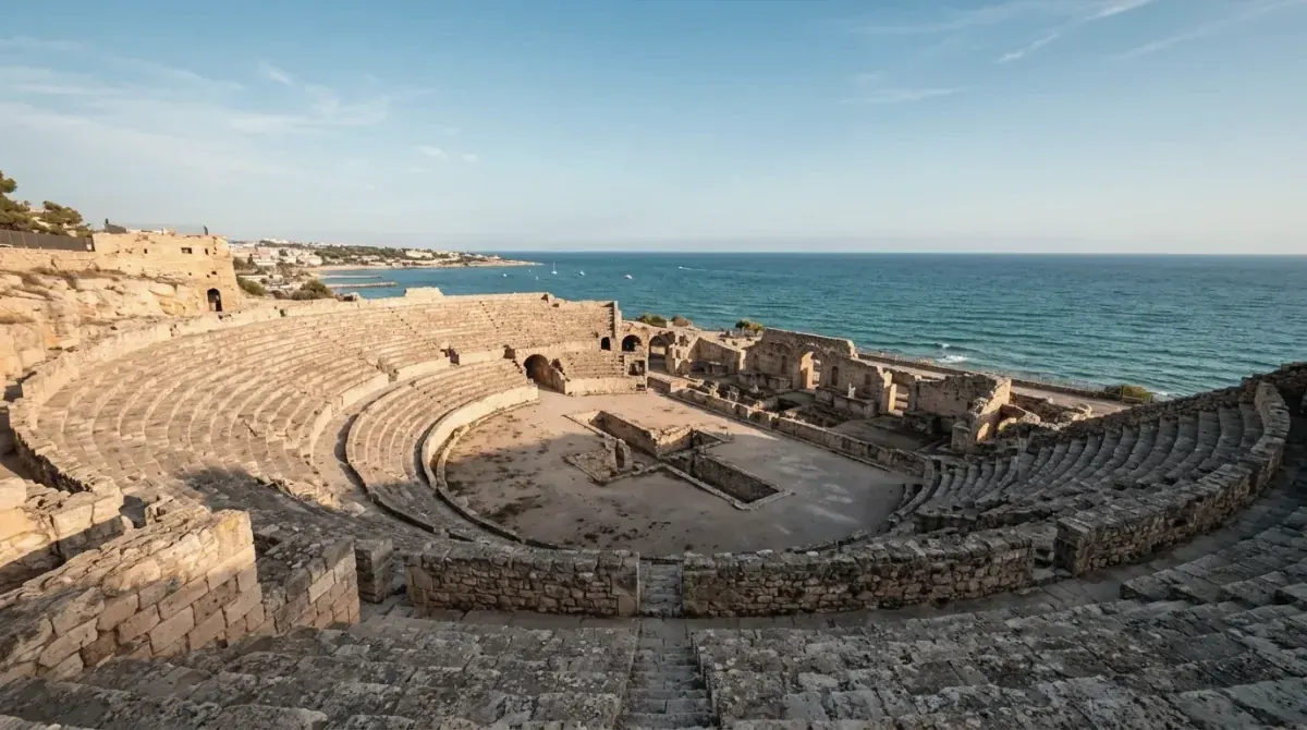 The Roman amphitheater of Tarragona above the sea