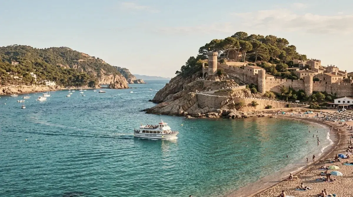 A boat crossing the bay below the walled old town of Tossa de Mar