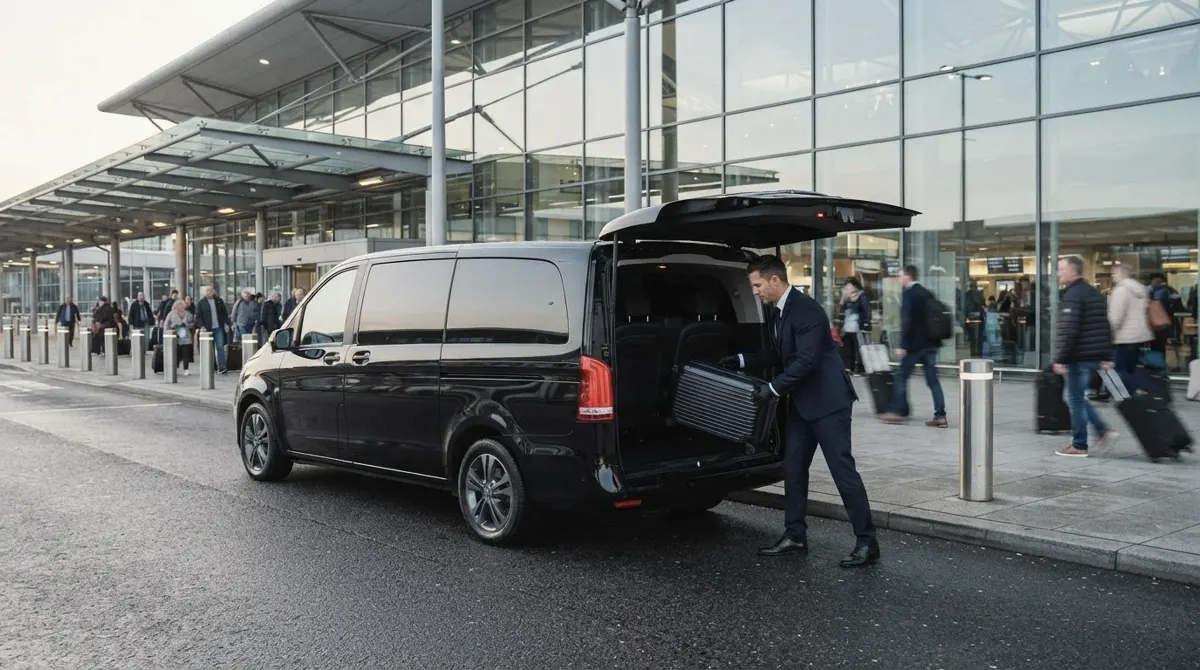 A chauffeur loading a suitcase into a black van at the arrivals curb of an airport terminal with a glass facade