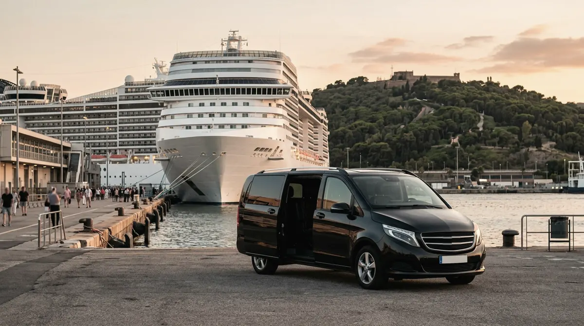 A black van waiting on a cruise quay with a large white cruise ship moored behind it and a green hill in the distance