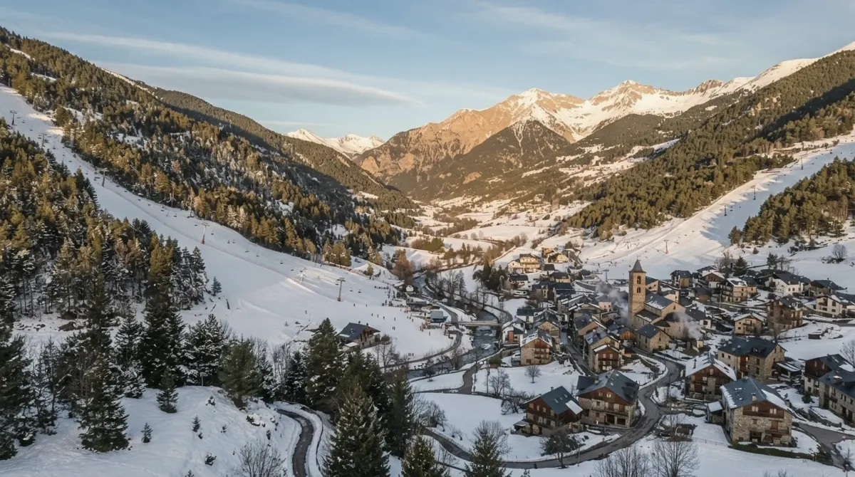 A snowy village of stone houses and a church bell tower beside a river, with ski slopes and chairlifts on the mountainsides