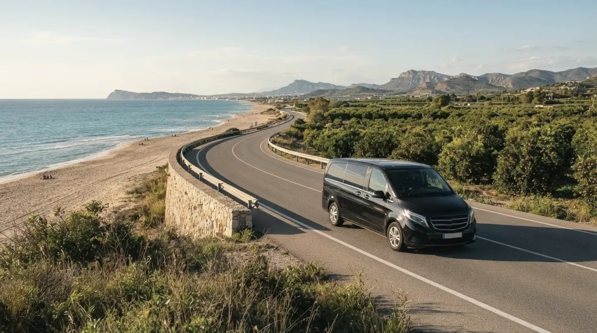 A black van on a curving coastal road between a long sandy Mediterranean beach and orange groves