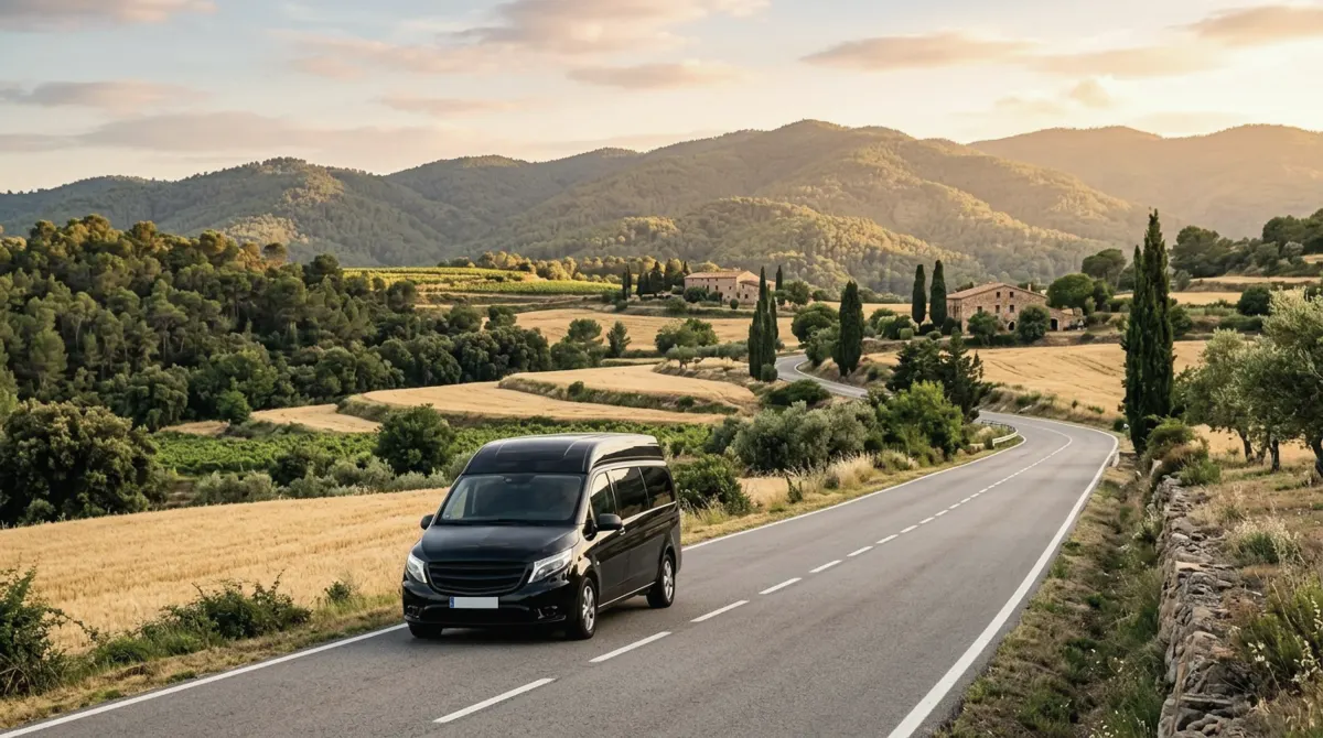 A black van on a winding country road through wheat fields, cypress trees and stone farmhouses below wooded hills
