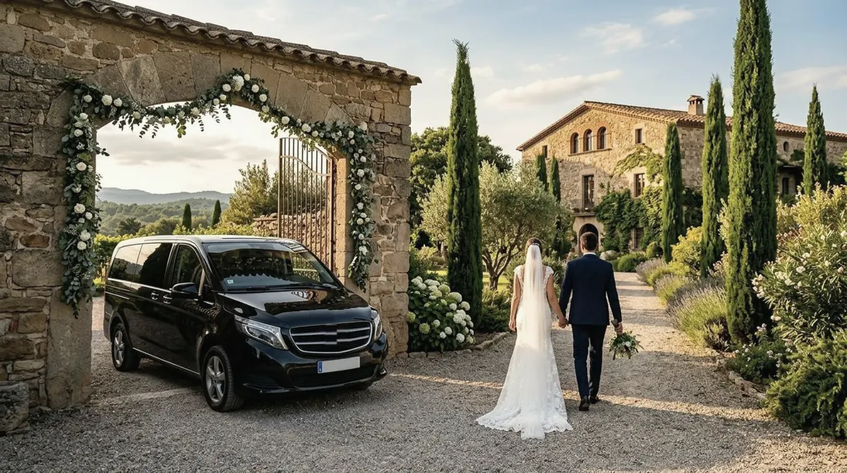 A black van under a stone gateway hung with white flowers as a bride and groom walk toward a stone country house